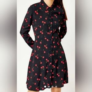 Warehouse Cherry Print Black Dress